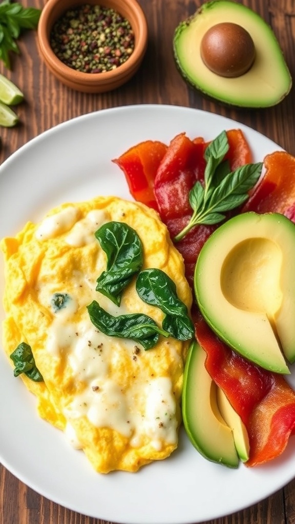 Zero Carb Keto Recipes A plate of zero carb keto dishes including an omelet, bacon, and avocado on a rustic table.